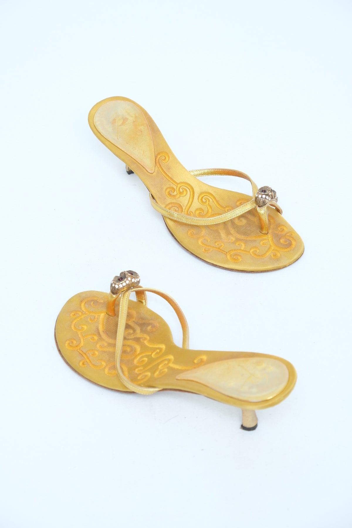 GIUSEPPE ZANOTTI GOLD SATIN OWL MULE HEELS