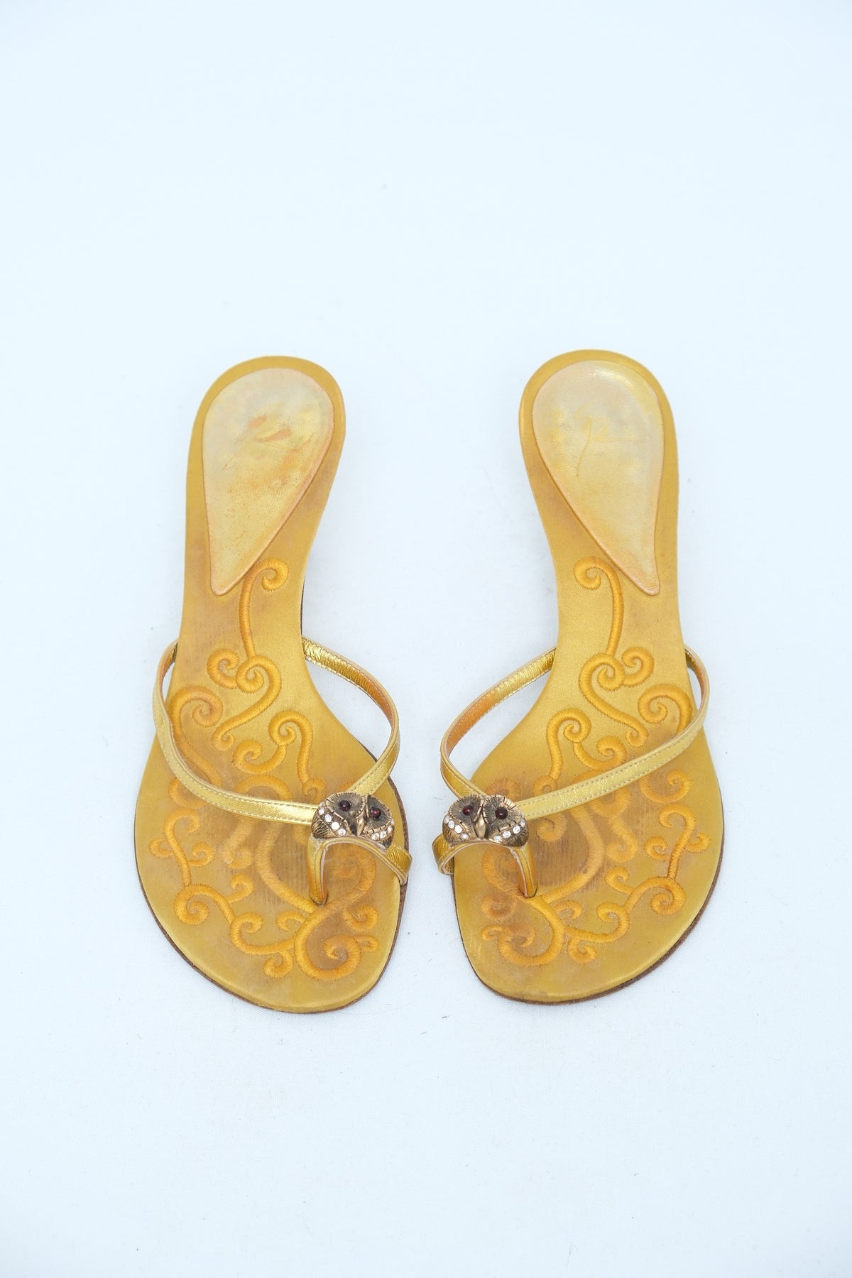 GIUSEPPE ZANOTTI GOLD SATIN OWL MULE HEELS