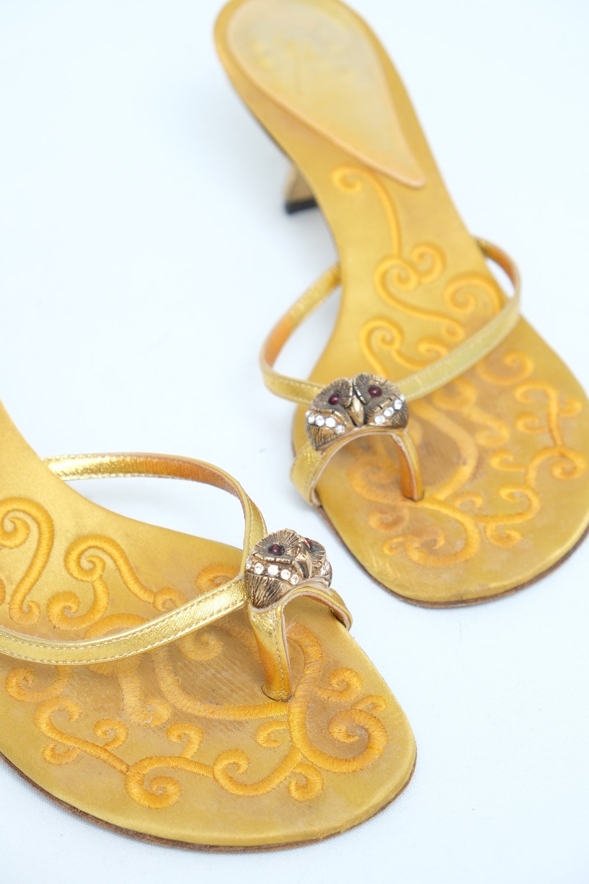 GIUSEPPE ZANOTTI GOLD SATIN OWL MULE HEELS