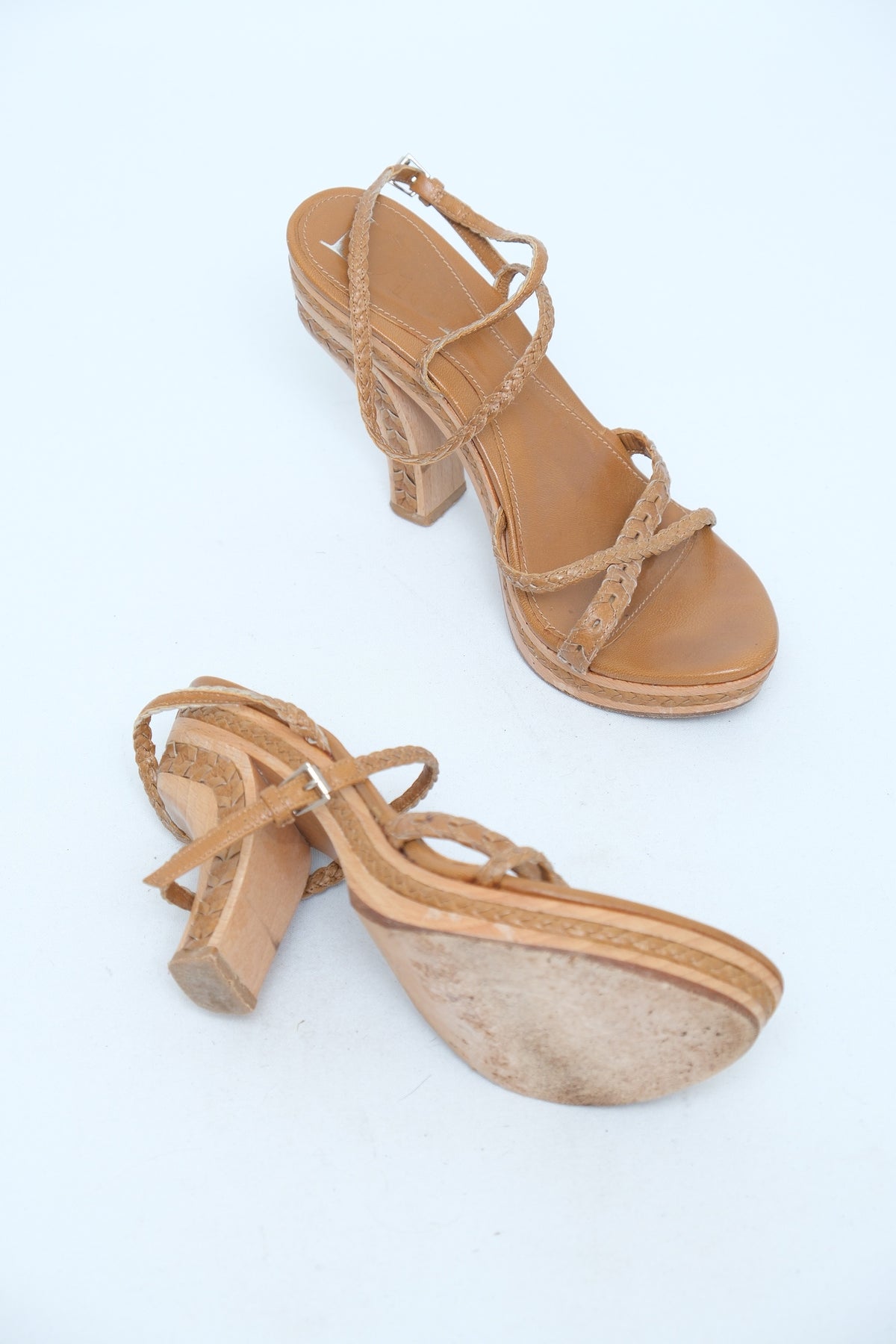 DIOR TAN BRAIDED PLATFORM SANDALS