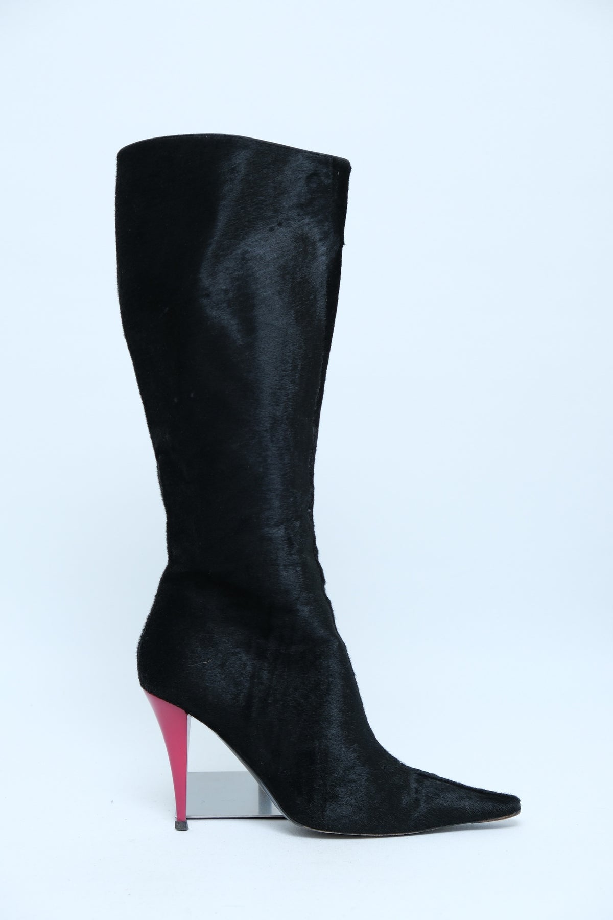 VICINI BLACK CALF HAIR BOOTS WITH PINK STILETTO HEELS