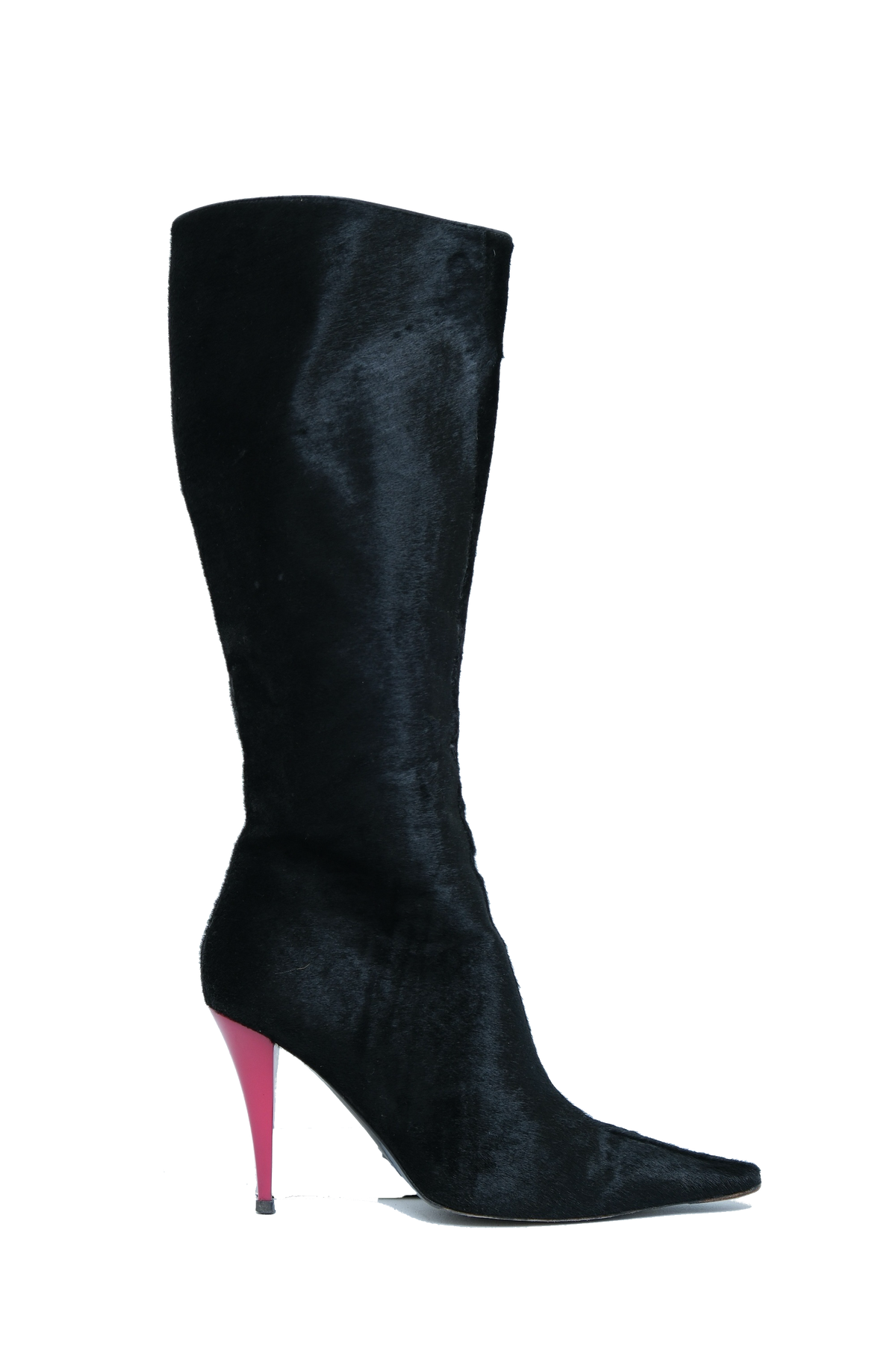VICINI BLACK CALF HAIR BOOTS WITH PINK STILETTO HEELS