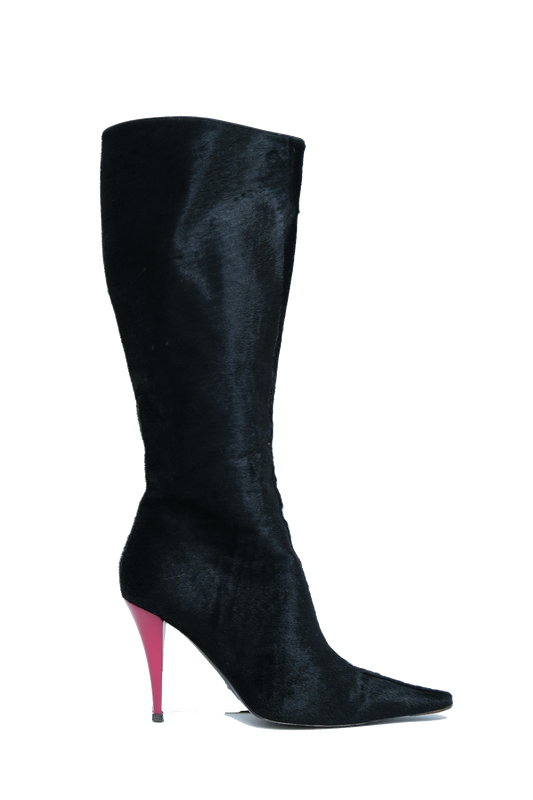 VICINI BLACK CALF HAIR BOOTS WITH PINK STILETTO HEELS