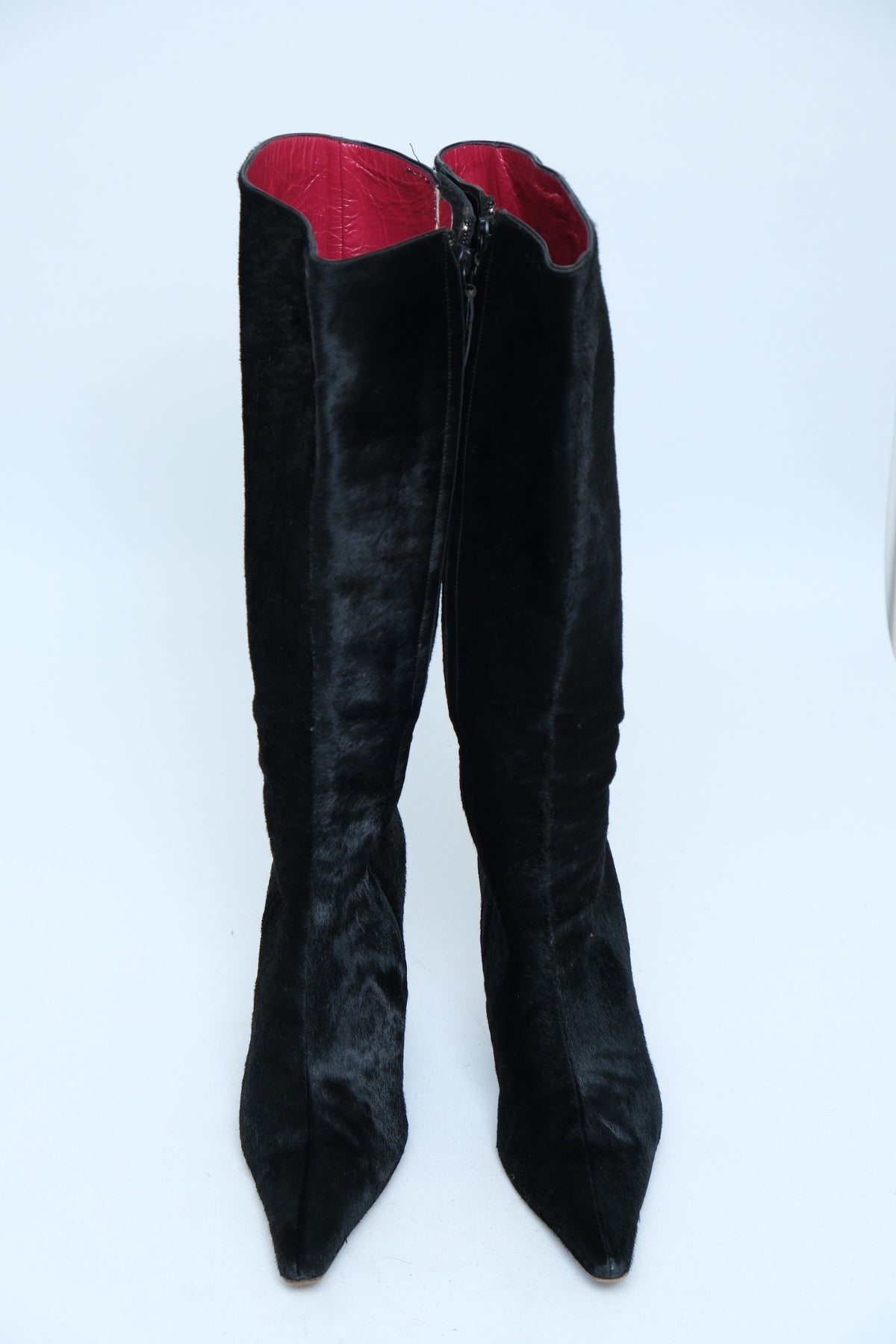 VICINI BLACK CALF HAIR BOOTS WITH PINK STILETTO HEELS