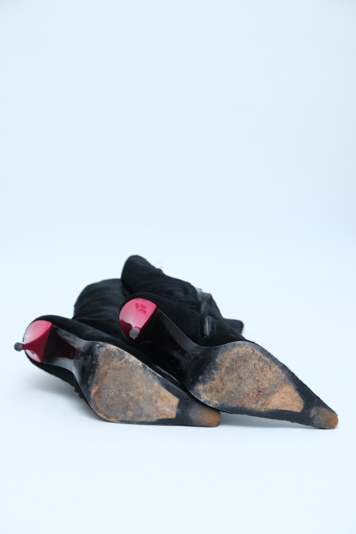 VICINI BLACK CALF HAIR BOOTS WITH PINK STILETTO HEELS
