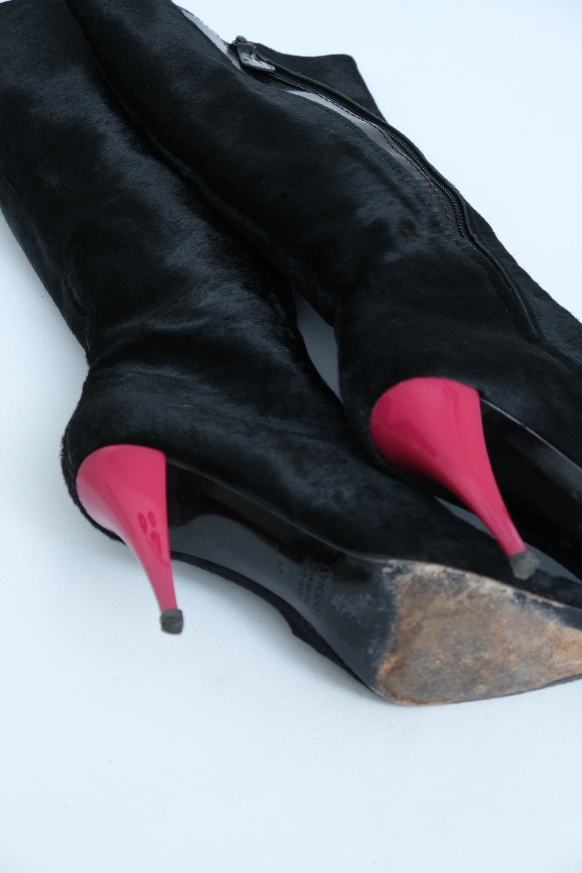 VICINI BLACK CALF HAIR BOOTS WITH PINK STILETTO HEELS