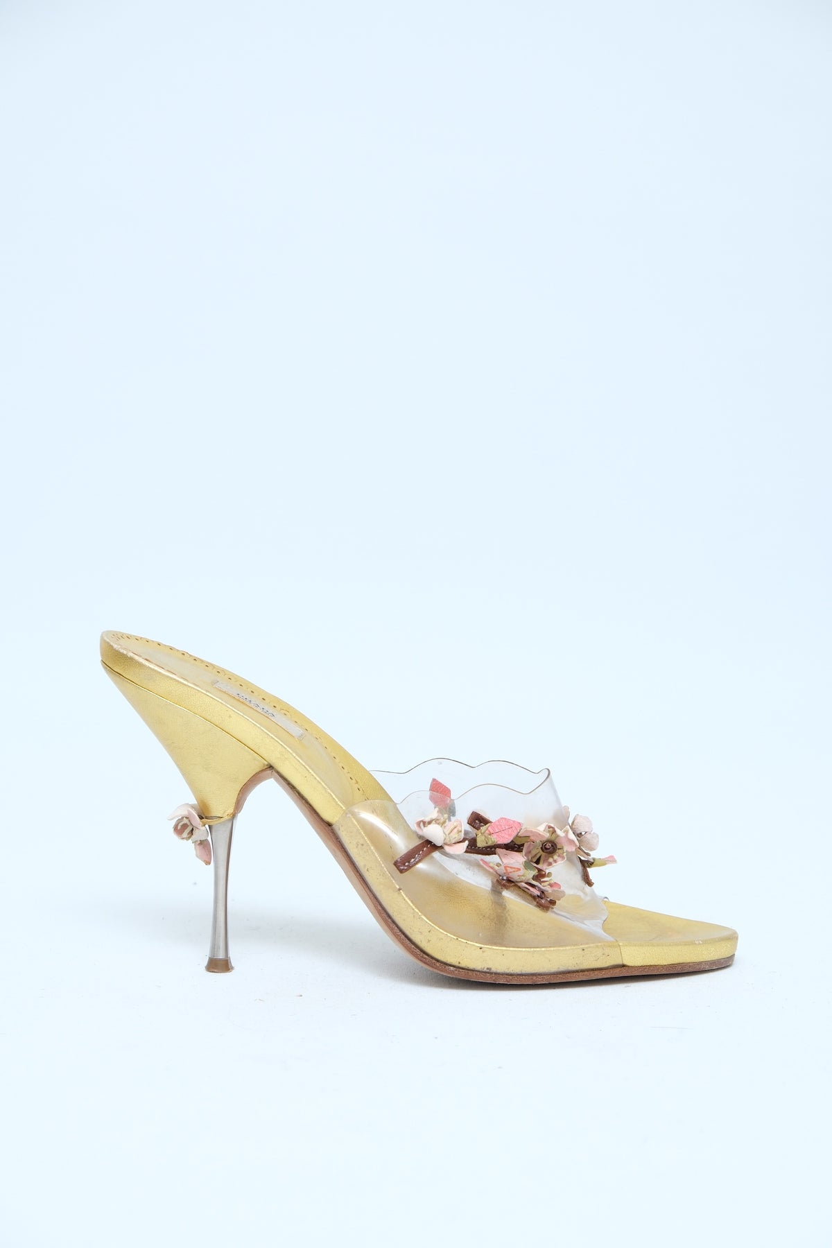 PRADA SS 2003 GOLD FLORAL APPLIQUÉ MULE HEELS