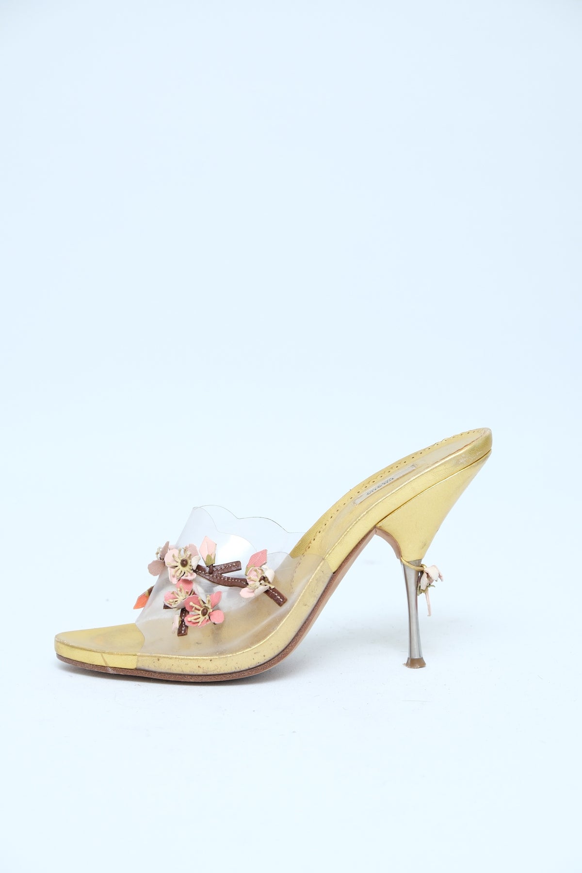 PRADA SS 2003 GOLD FLORAL APPLIQUÉ MULE HEELS