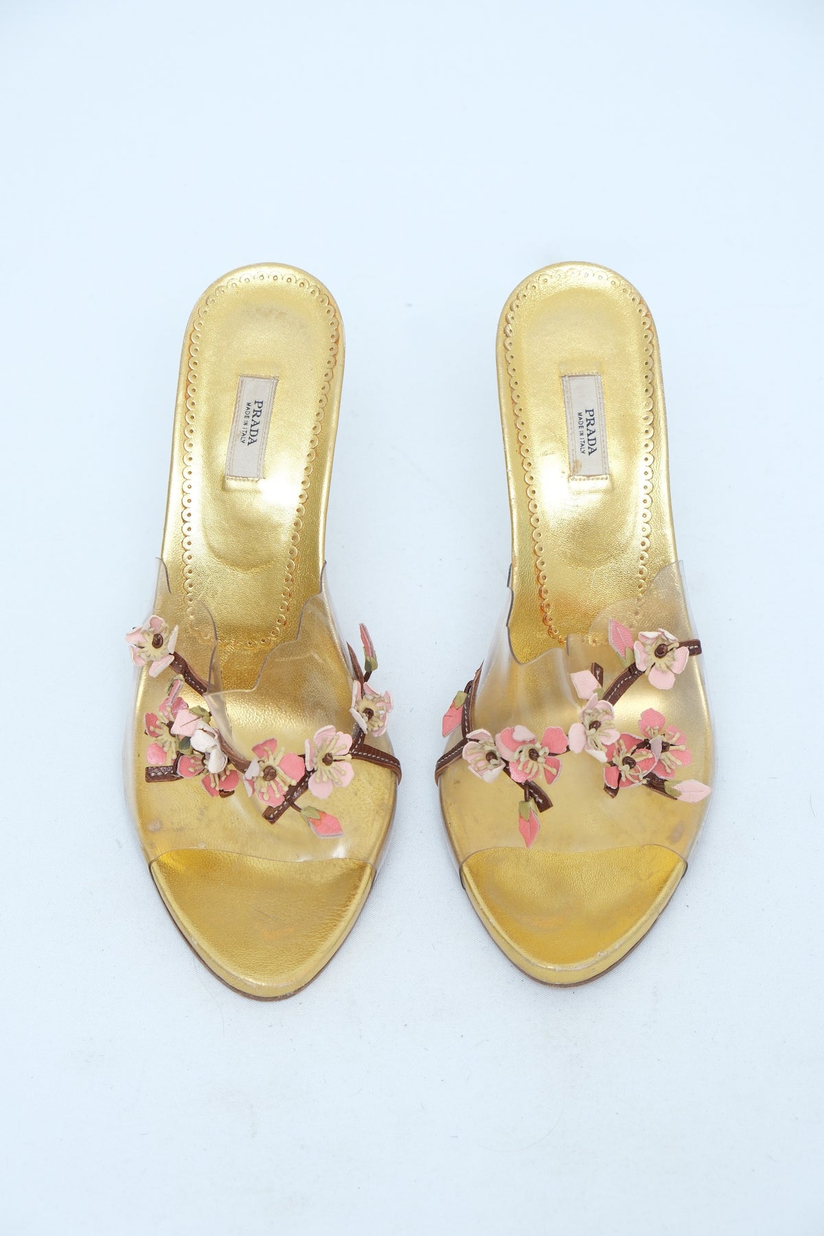 PRADA SS 2003 GOLD FLORAL APPLIQUÉ MULE HEELS