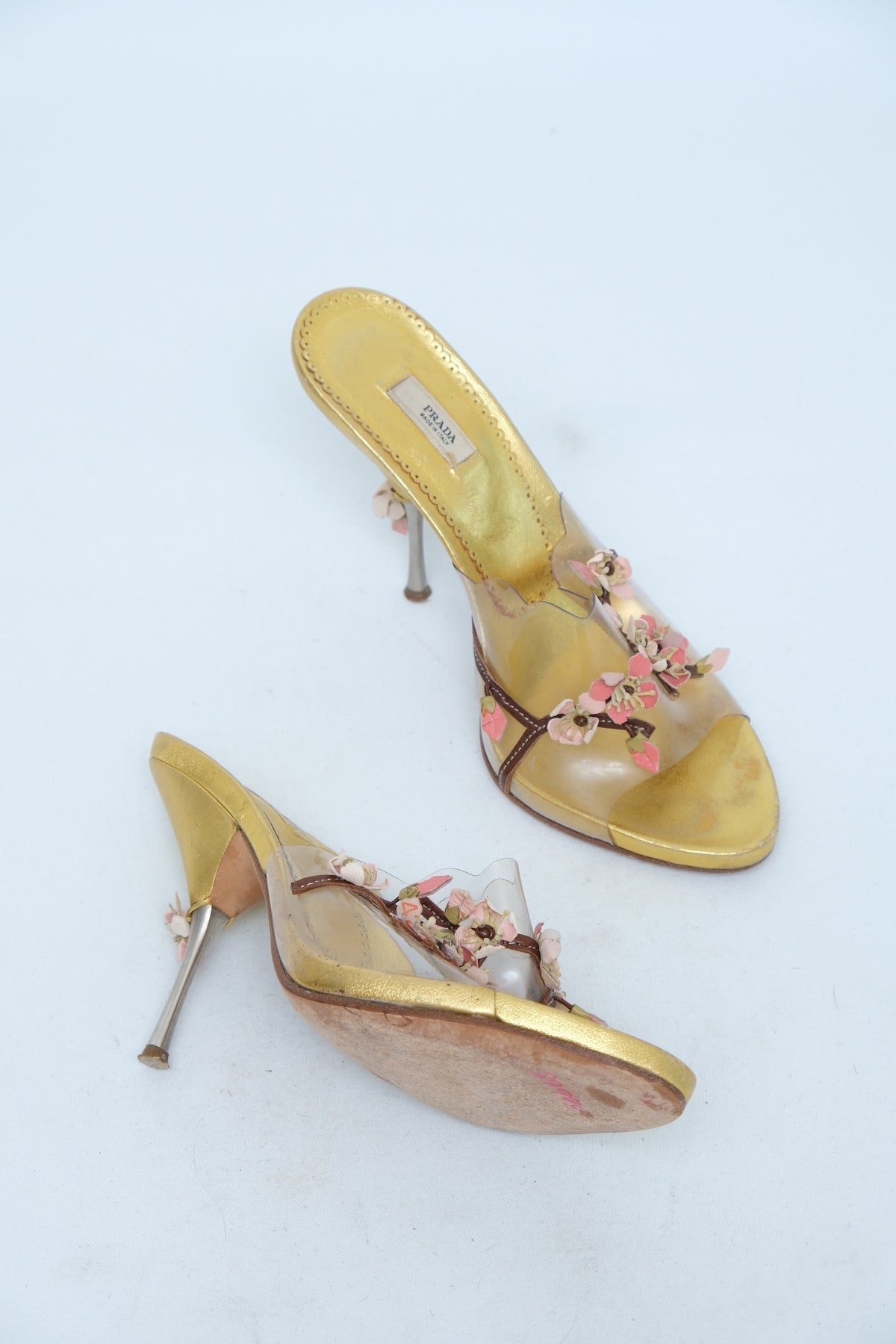 PRADA SS 2003 GOLD FLORAL APPLIQUÉ MULE HEELS