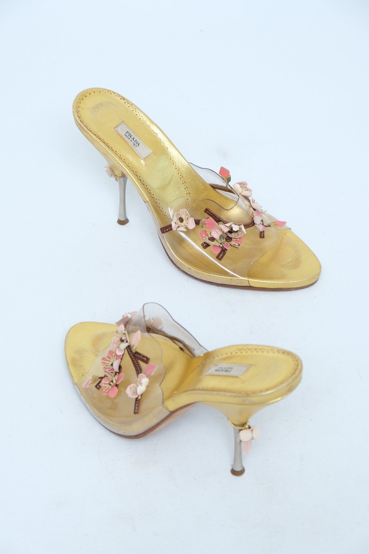 PRADA SS 2003 GOLD FLORAL APPLIQUÉ MULE HEELS