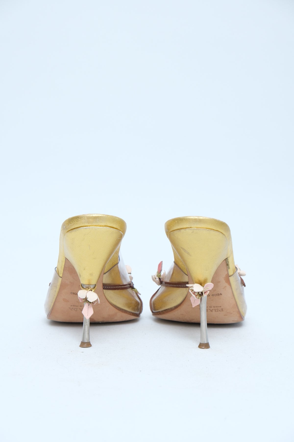 PRADA SS 2003 GOLD FLORAL APPLIQUÉ MULE HEELS
