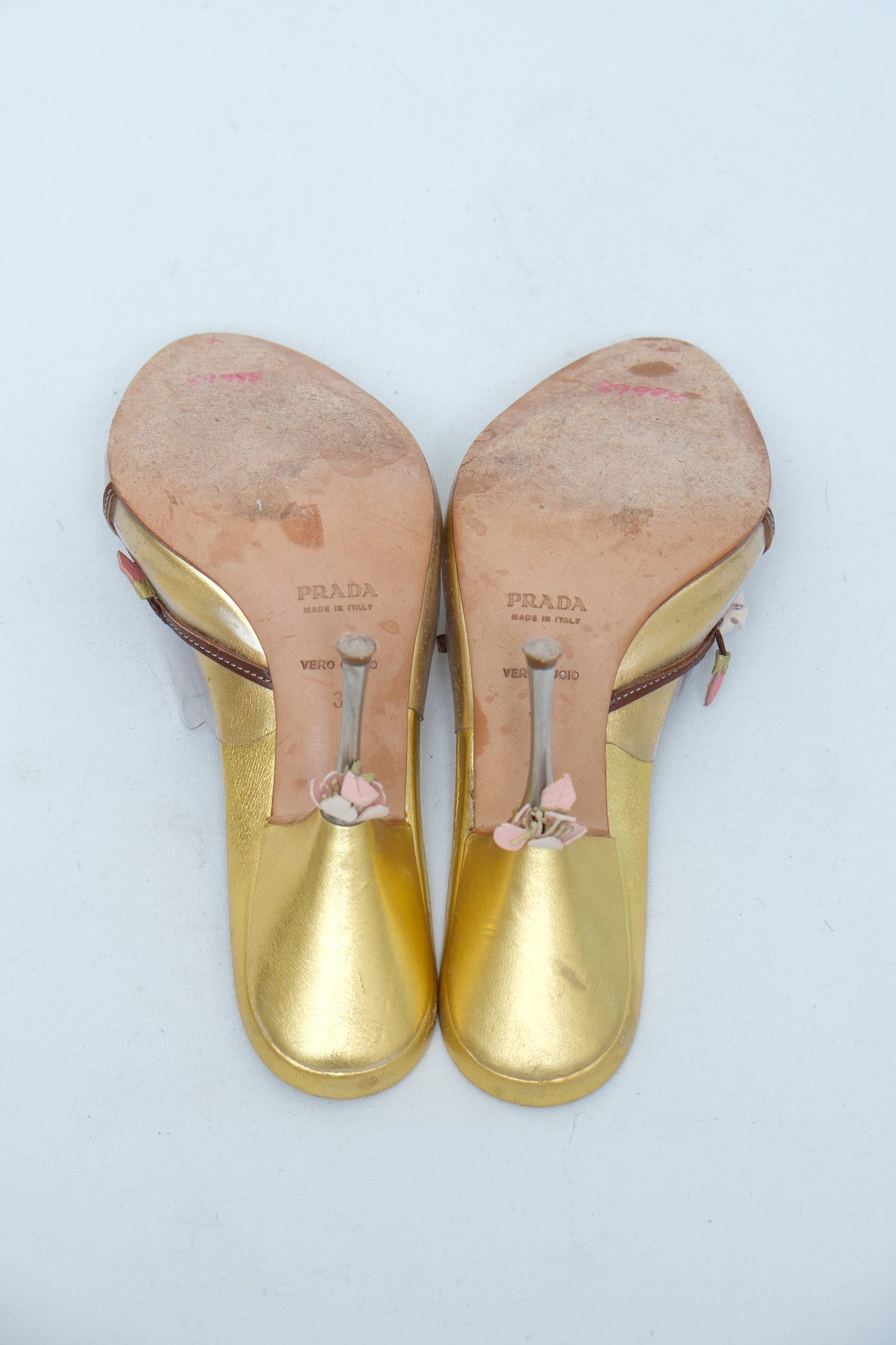 PRADA SS 2003 GOLD FLORAL APPLIQUÉ MULE HEELS