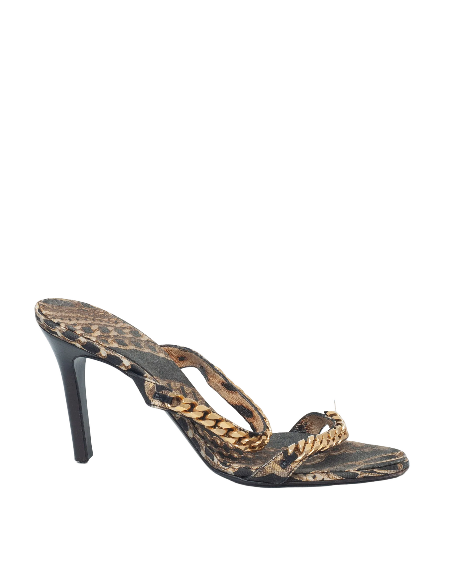 High-heeled sandal with leopard print and chain detail on a white background