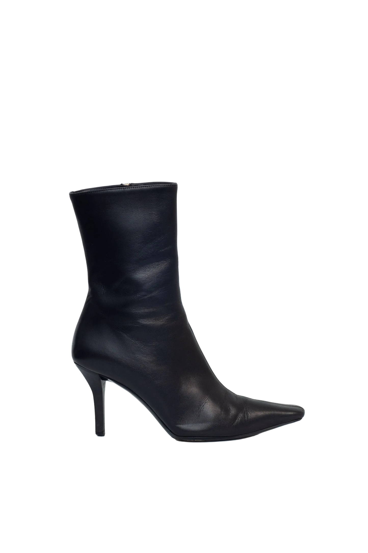 Black high-heeled ankle boot on a white background