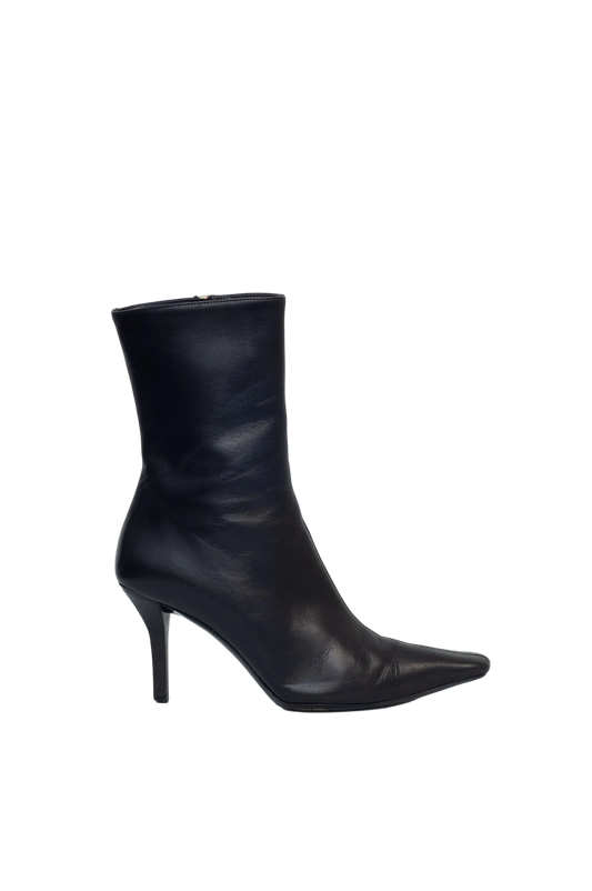 Black high-heeled ankle boot on a white background