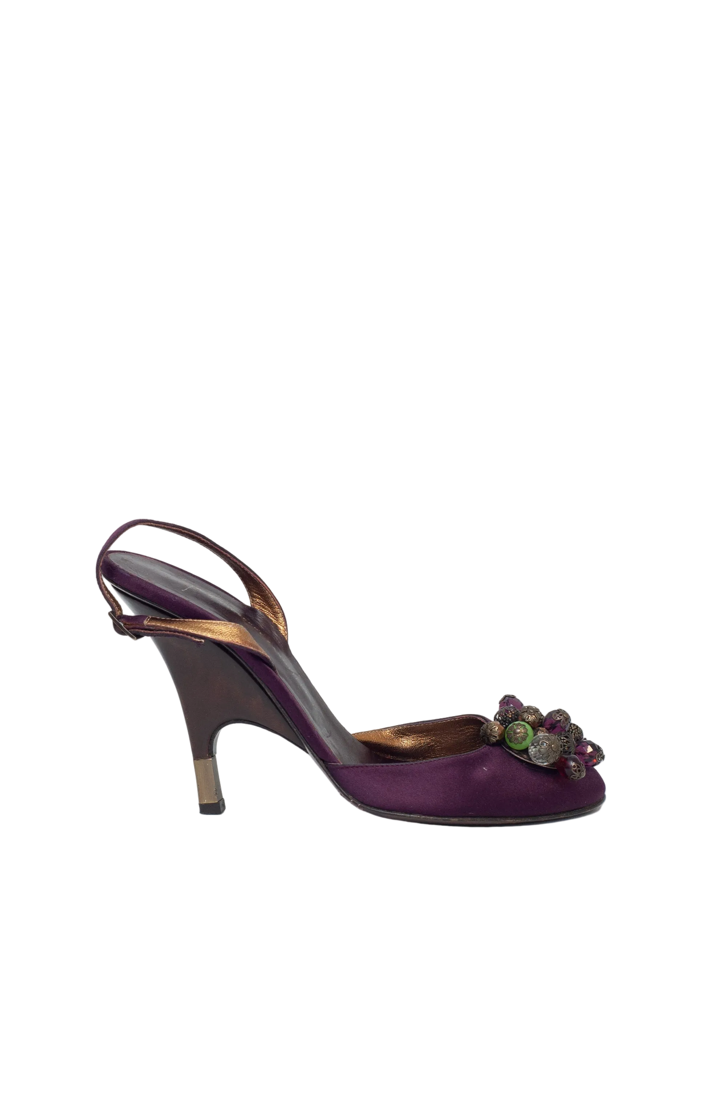 Purple high-heeled shoe with floral embellishments on a white background