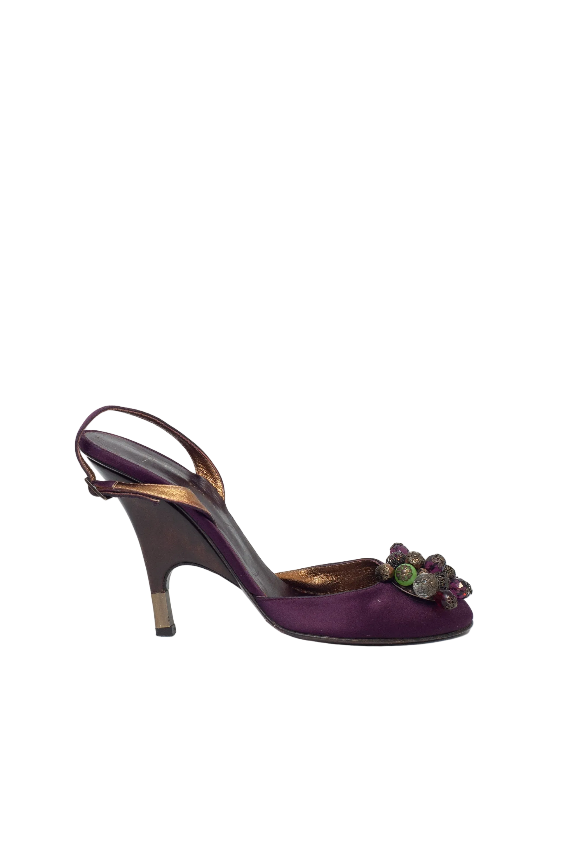 Purple high-heeled shoe with floral embellishments on a white background