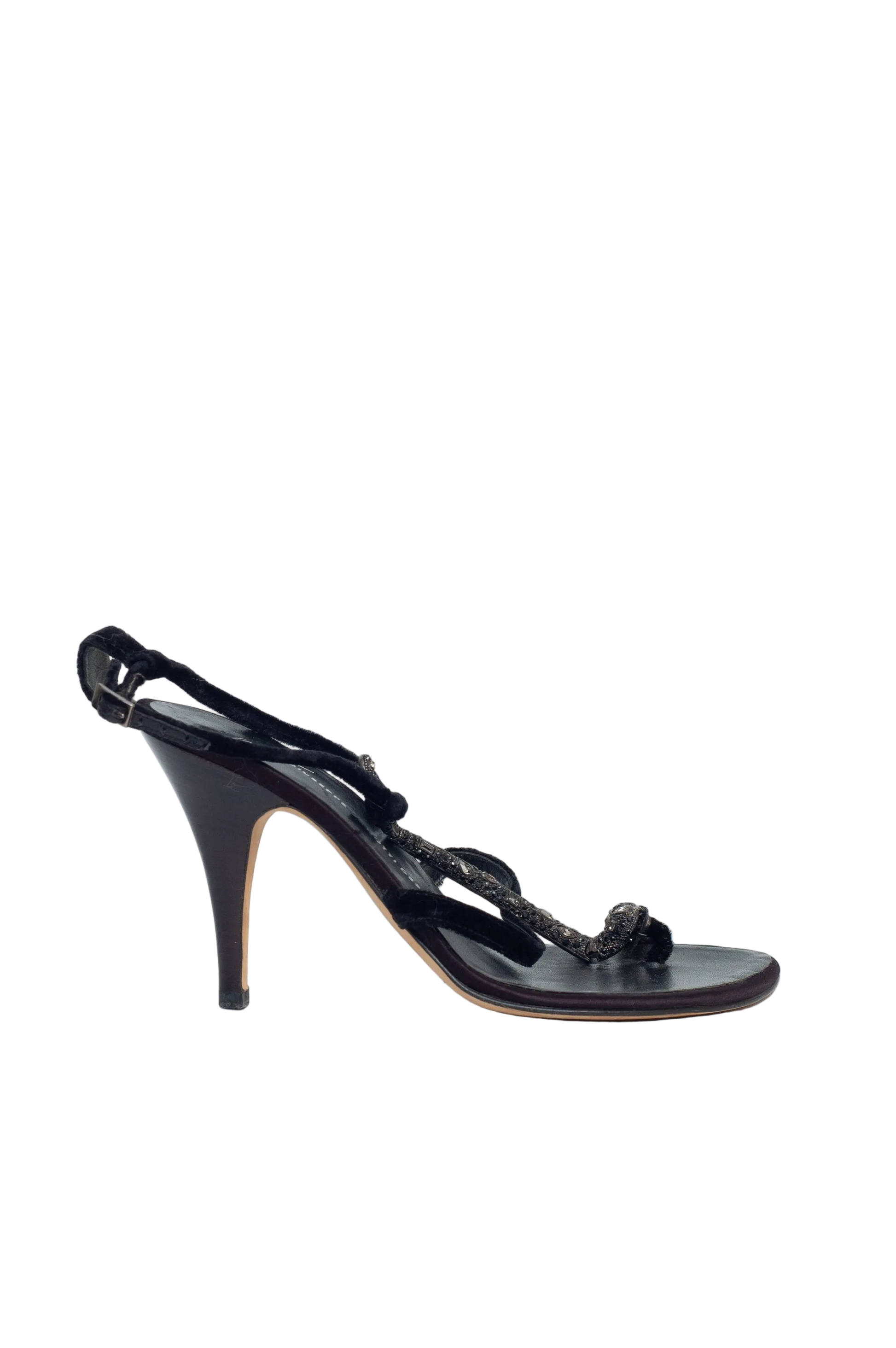 Black high-heeled sandal on a white background
