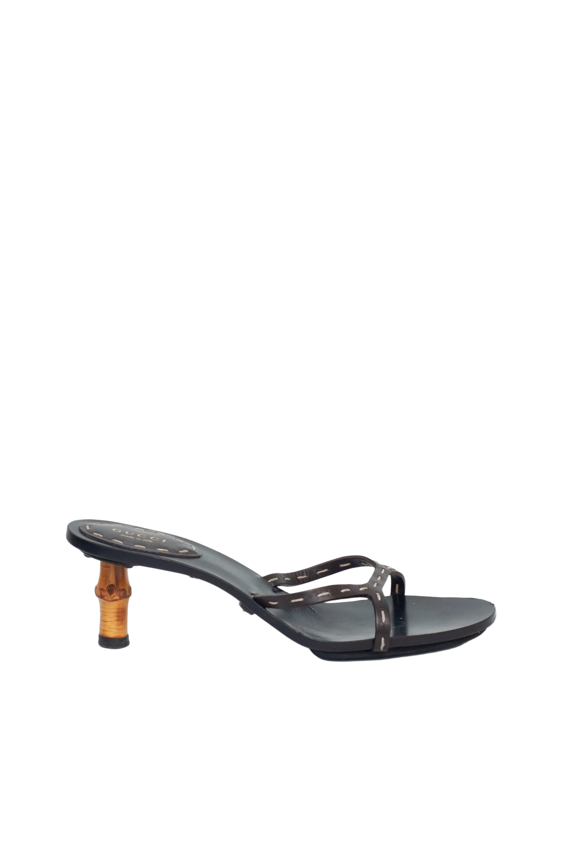Black sandal with a wooden heel on a white background