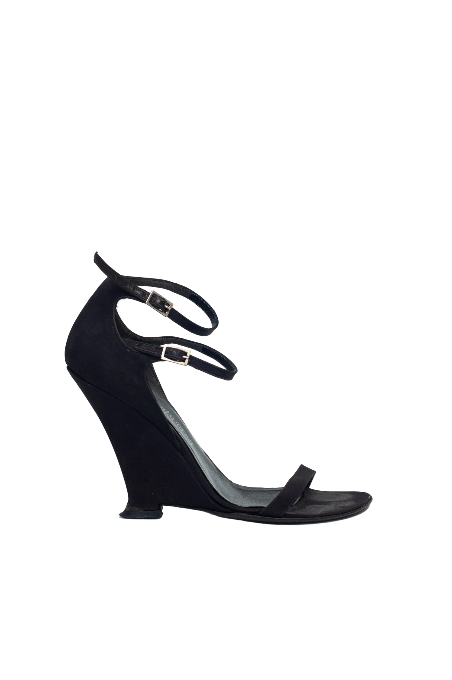 Black high-heeled sandal on a white background