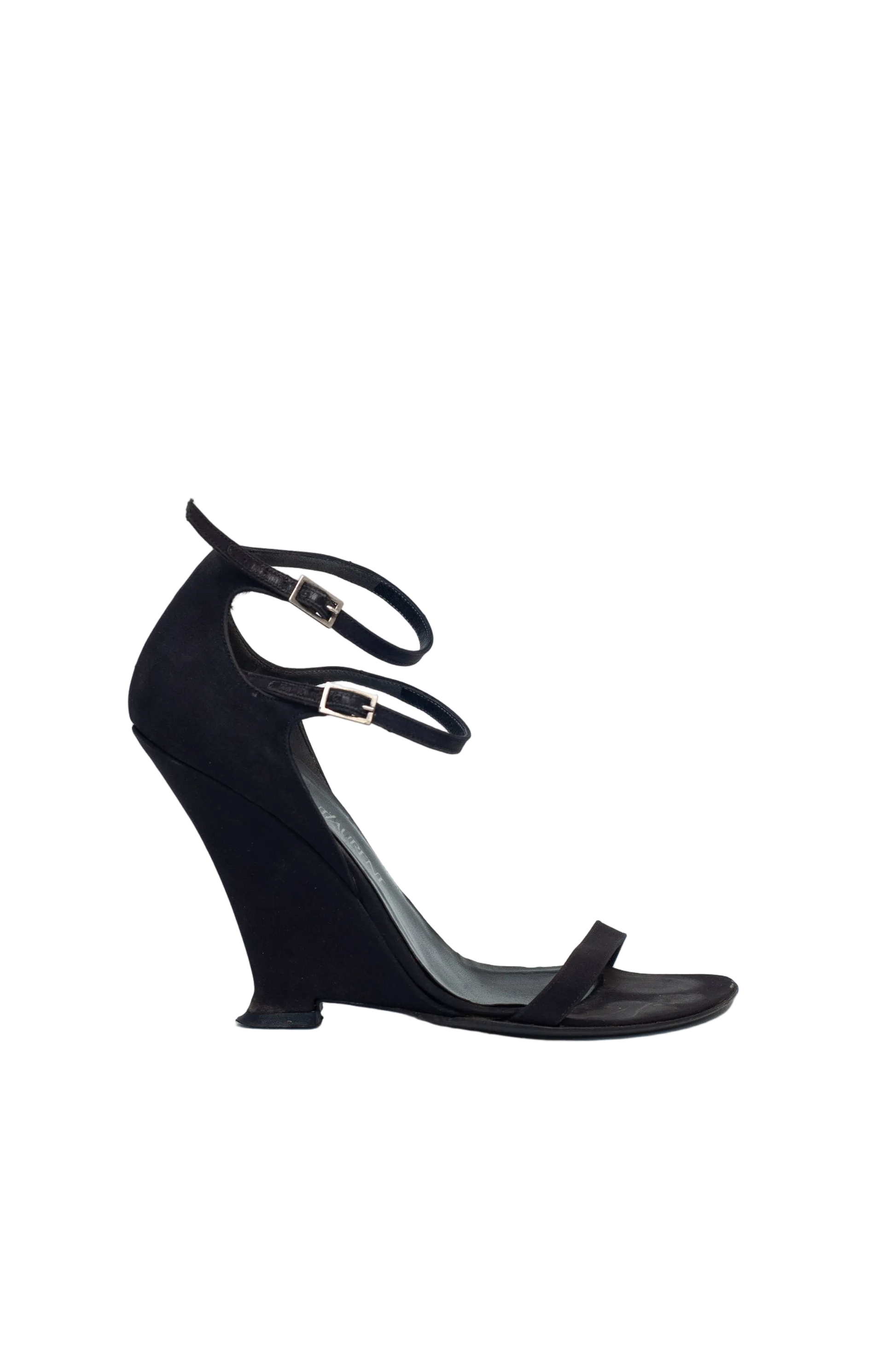 Black high-heeled sandal on a white background