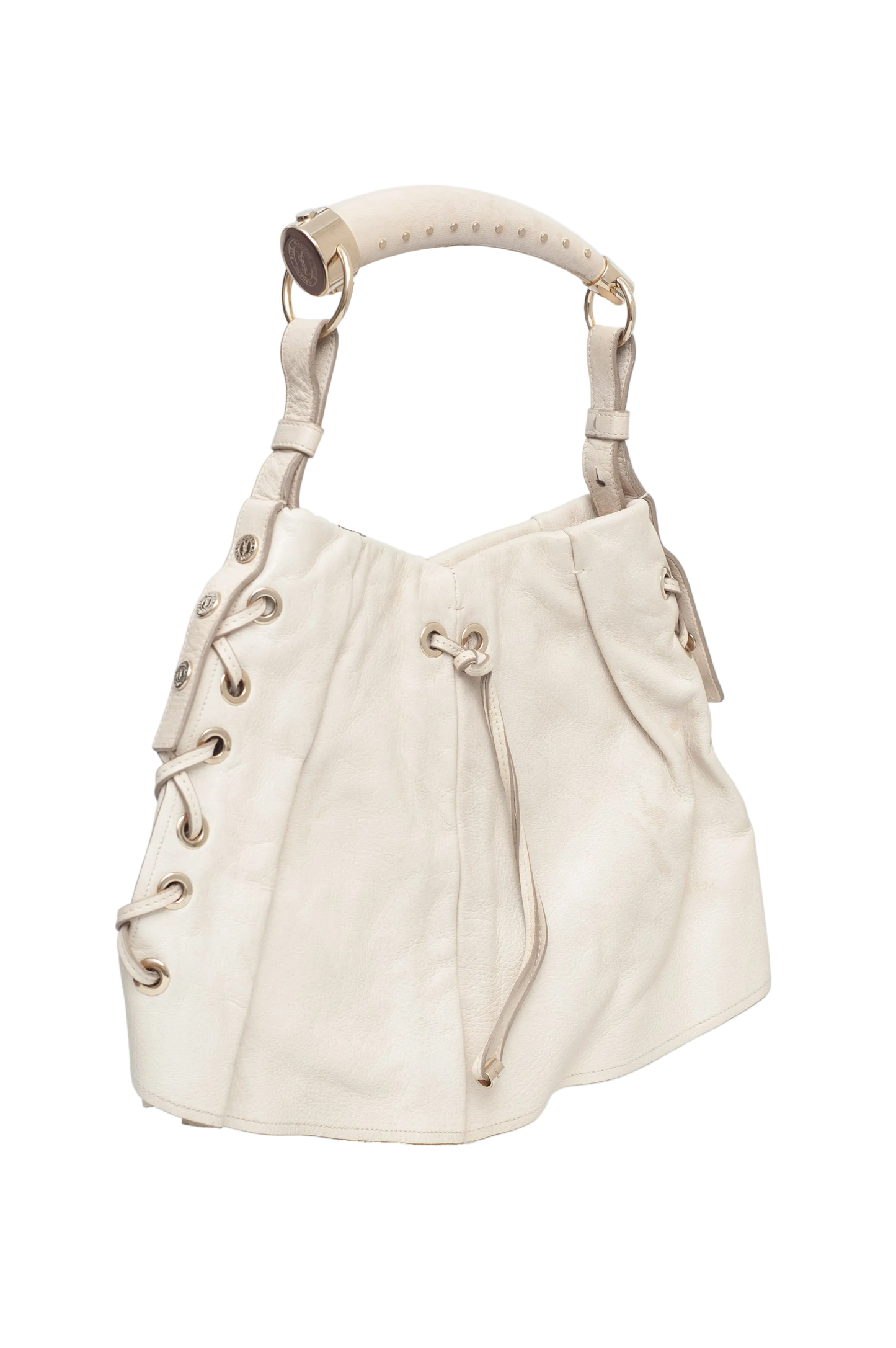 Beige handbag with drawstring details on a white background