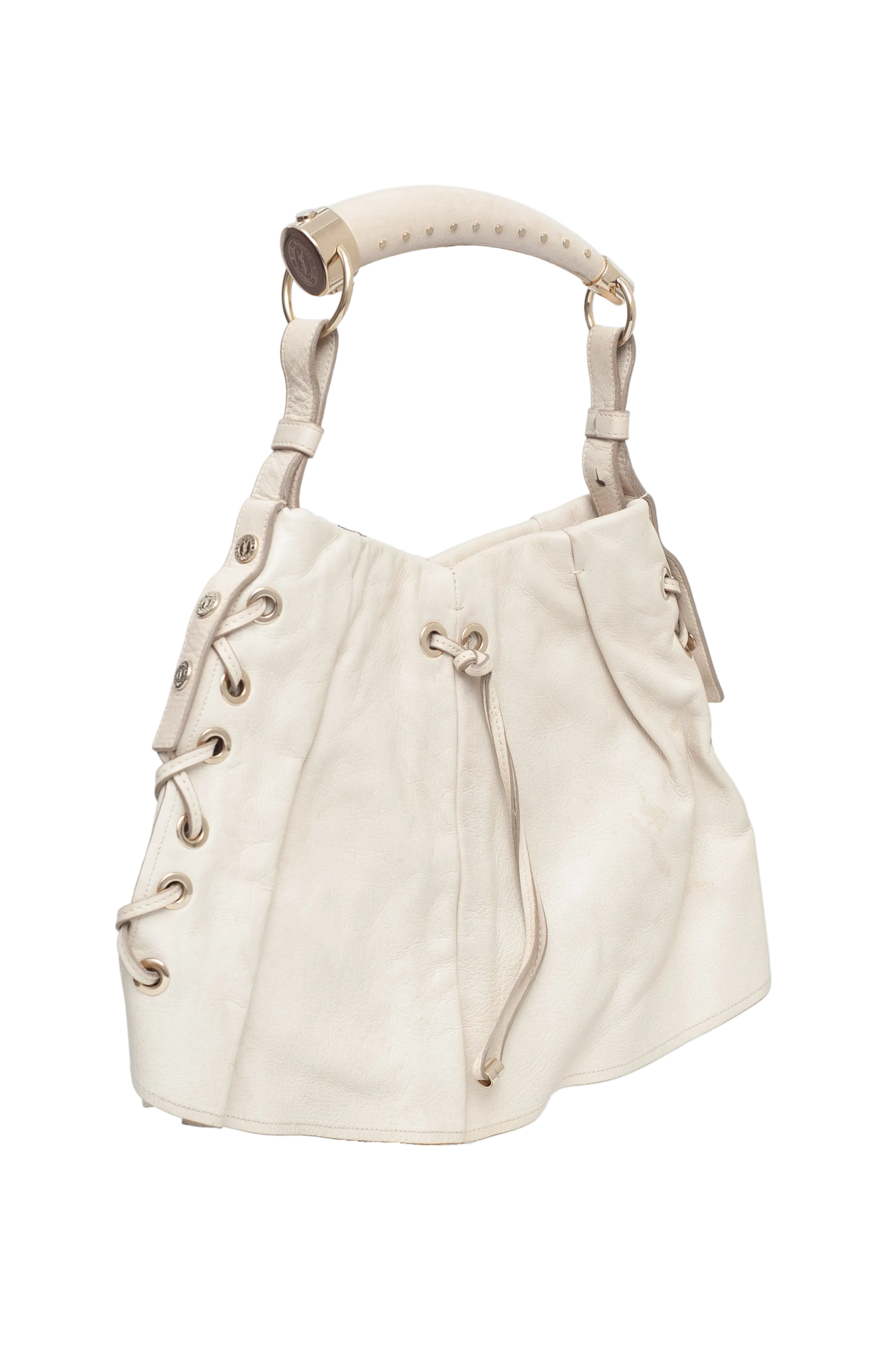 Beige handbag with drawstring details on a white background