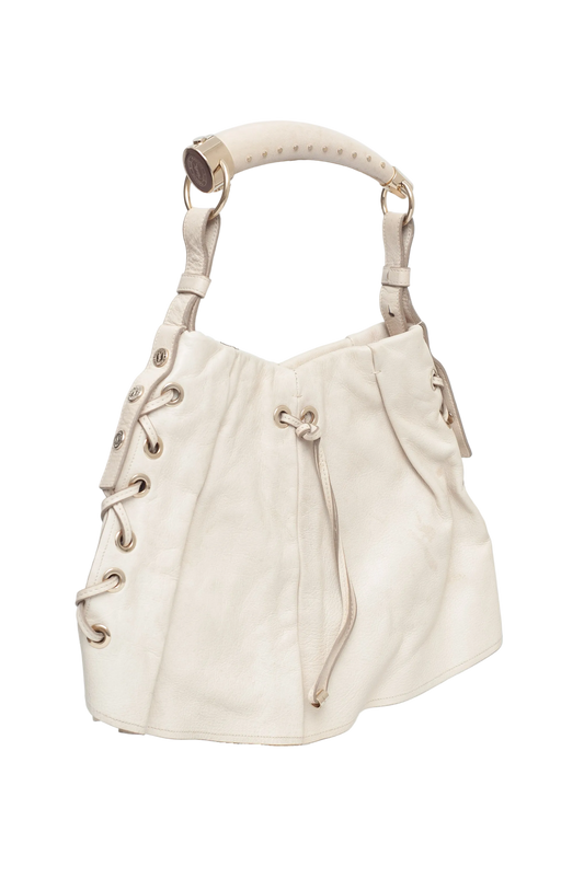 Beige handbag with drawstring details on a white background