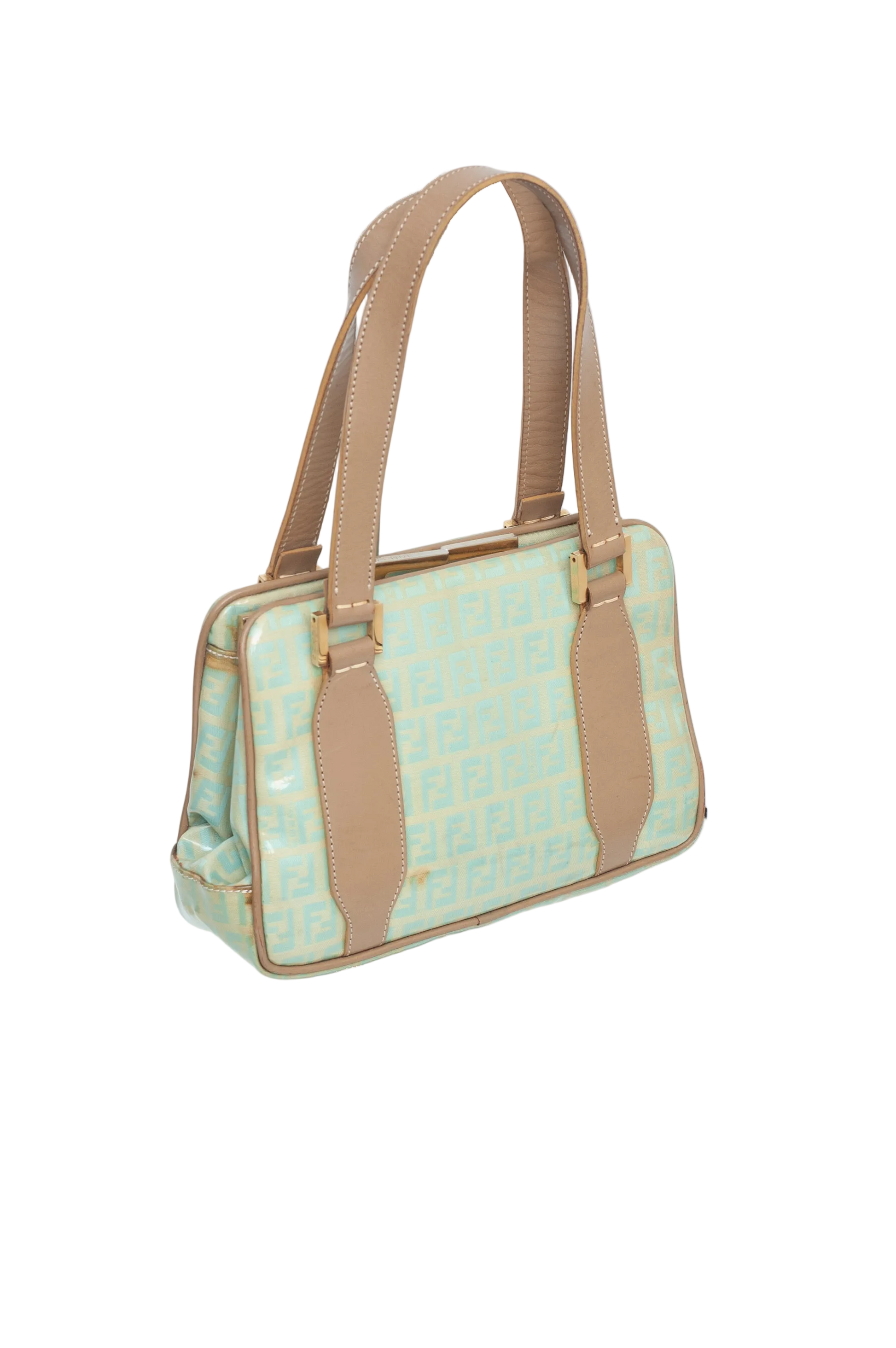 Handbag with light blue pattern and brown straps on a white background