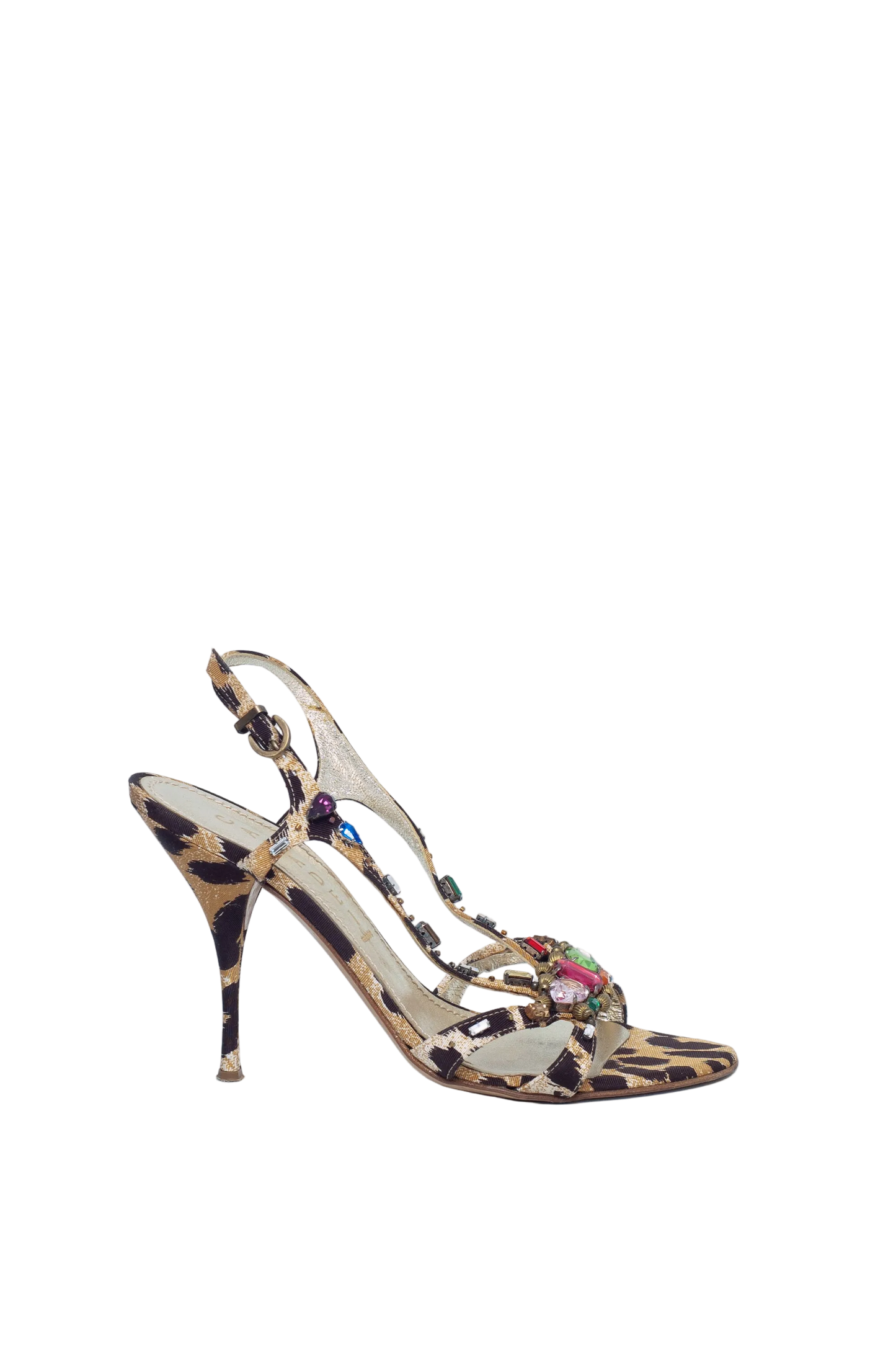 High-heeled sandal with leopard print and floral details on a light blue background