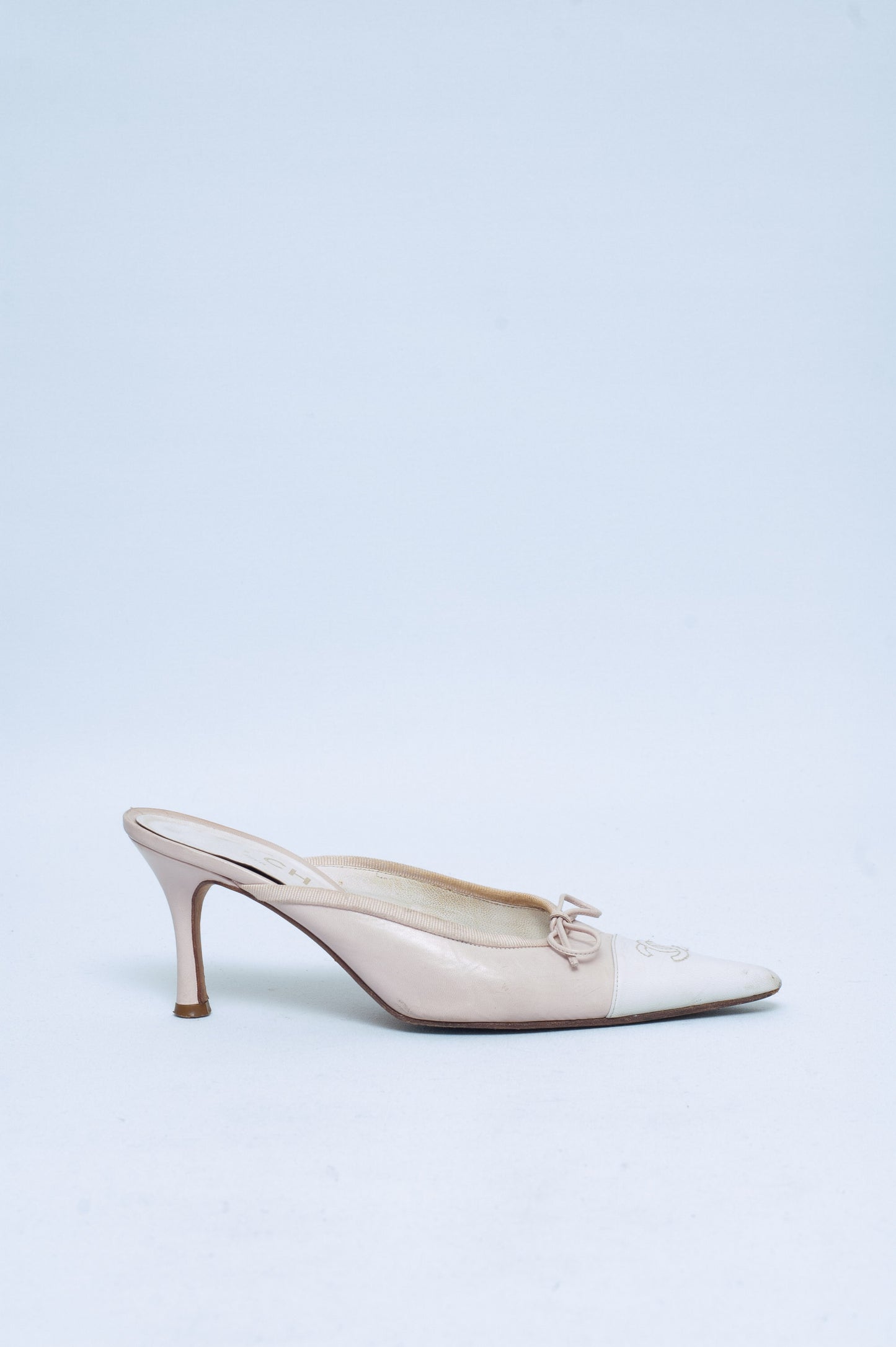 CHANEL PINK LOGO MULES