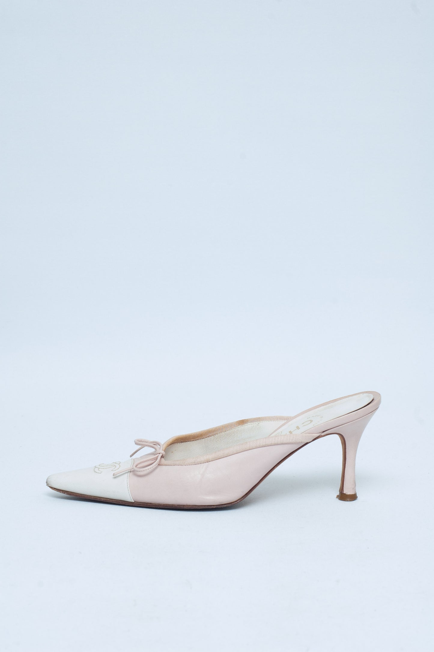 CHANEL PINK LOGO MULES
