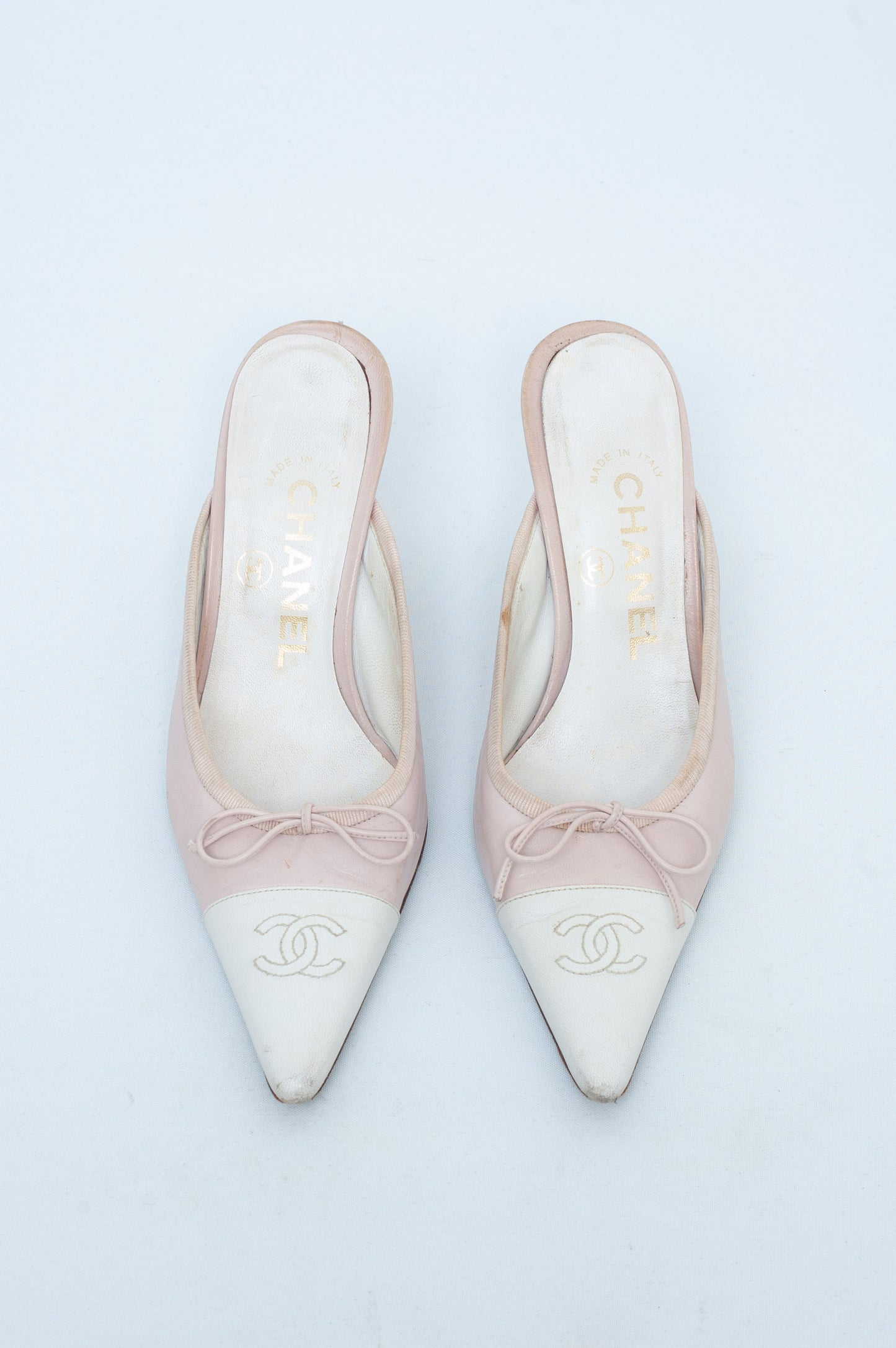 CHANEL PINK LOGO MULES