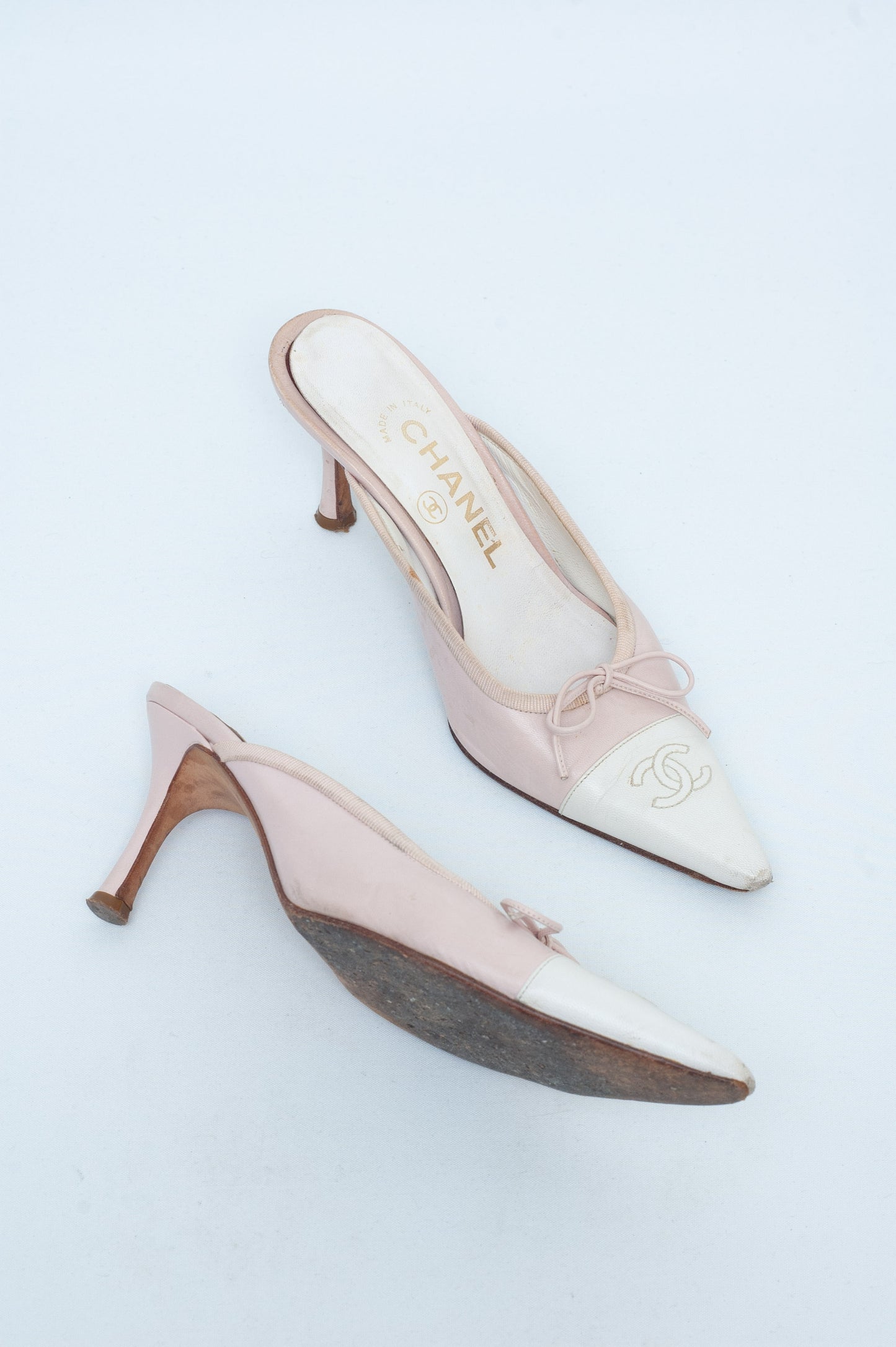CHANEL PINK LOGO MULES