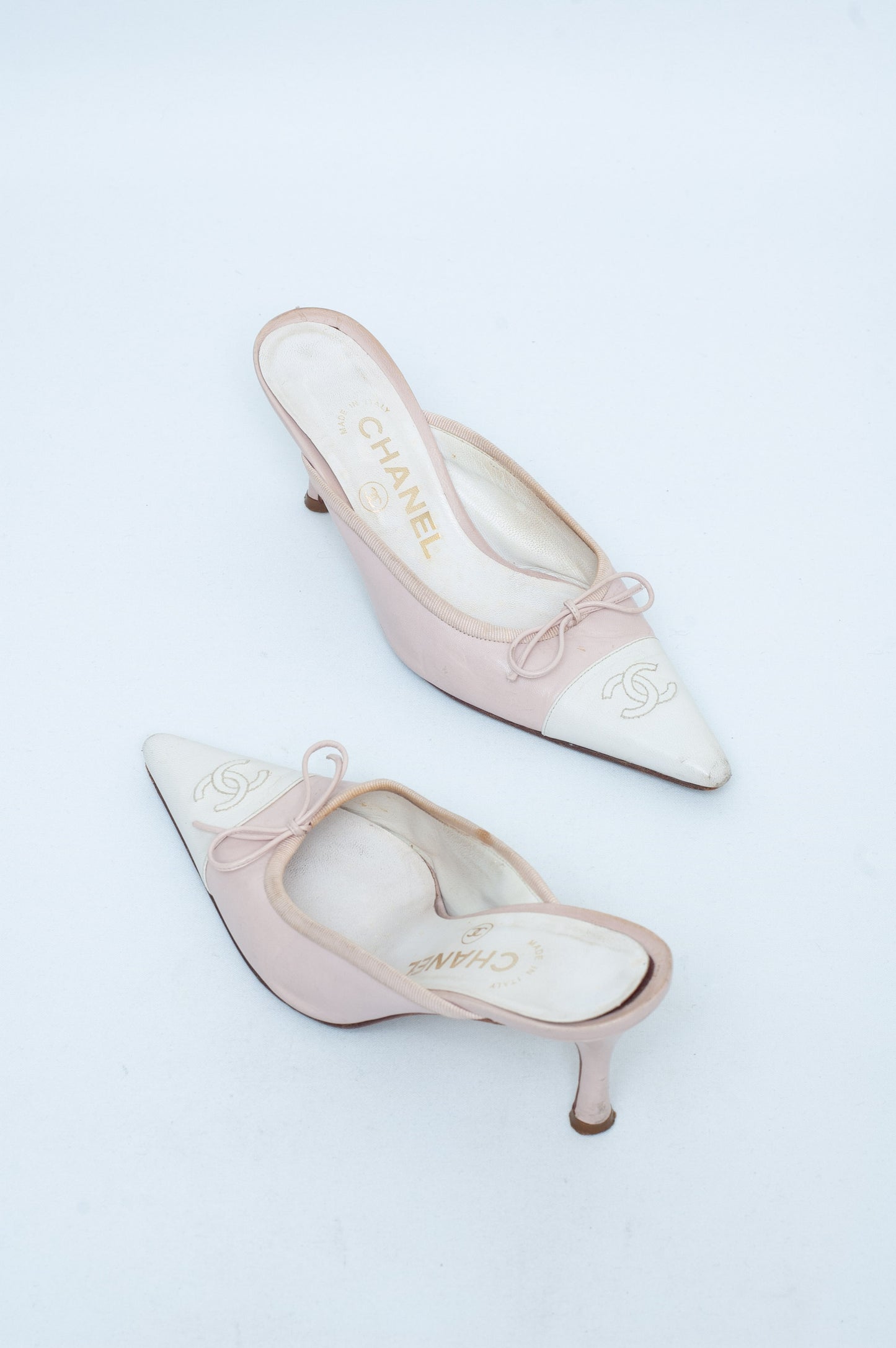 CHANEL PINK LOGO MULES