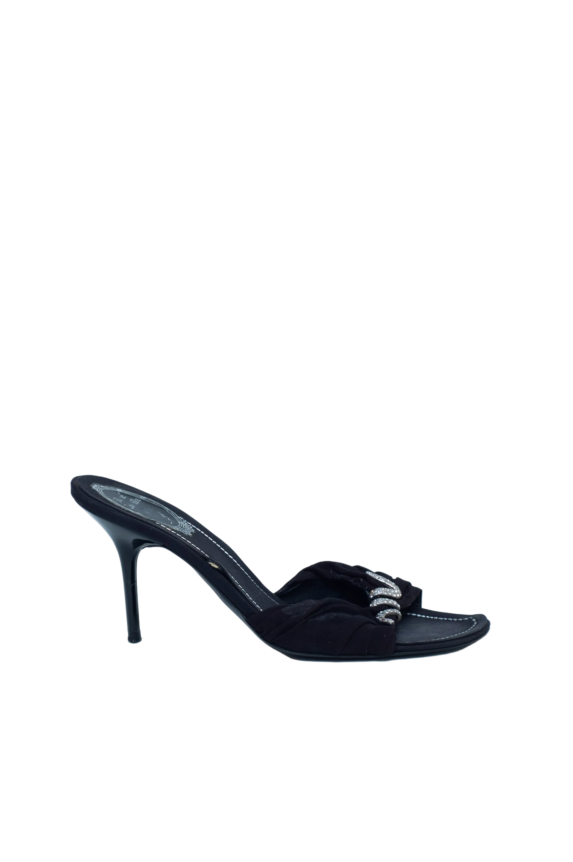 Black high-heeled sandal on a light gray background
