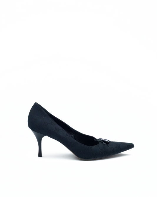 GUCCI BLACK MONOGRAM BOW HEELS